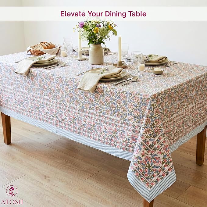 ATOSII Kalina 100% Cotton Square Tablecloth, Handblock Floral Print Linen Table Cloth for Kitchen I Dining Table I Tabletop I Parties I Wedding I Spring/Summer (60 X 60 Inches)