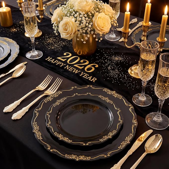 U-QE 100PCS Black and Gold Plastic Plates - Heavy Duty Black Disposable Plates Including 50PCS 10'' Dinner Plates & 50PCS 7.5'' Dessert Plates - Hard Plastic Plates for Party