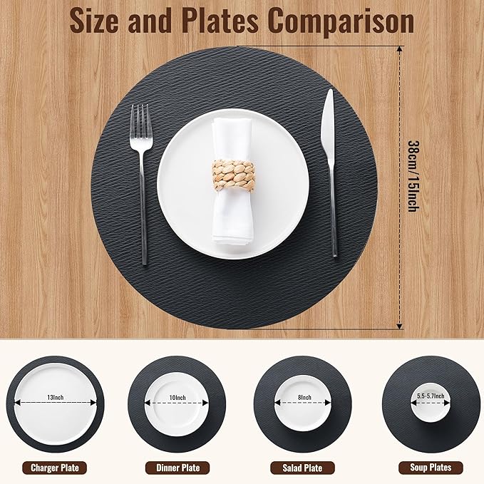 Jovono 15" Faux Leather Big Round Placemats Set of 6 - Washable Heat Resistant Non-Slip Dining Table Mats with Fabric Texture for Kitchen Home Party Decor, Black