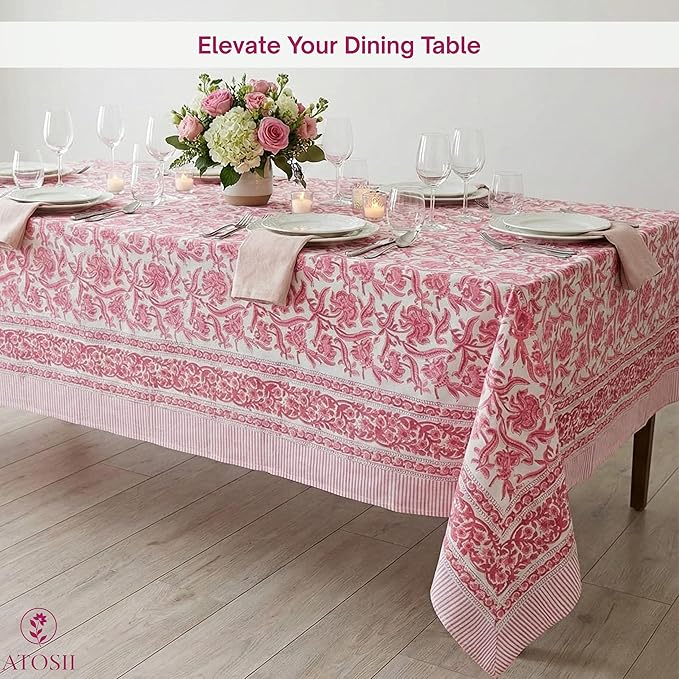 ATOSII Red Bloom 100% Cotton Rectangle Tablecloth, Block Print Floral Linen Table Cloth for Dining Parties Outdoors Weddings Holidays I 72 X 108 Inches, 8 Seater, Summer Farmhouse Grandmillennial