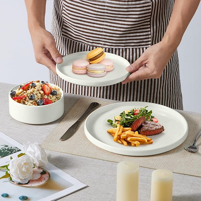 E-far Dinnerware Sets with Pasta Bowls, 24-Piece Stoneware Plates and Bowls Sets for 6 | Microwave & Dishwasher Safe Kitchen Modern Dish Set, Speckled White