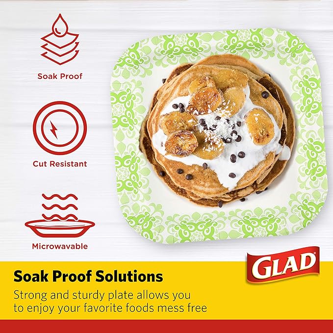 Glad Square Disposable Paper Plates for All Occasions | New & Improved Quality | Soak Proof, Cut Proof, Microwaveable Heavy Duty Disposable Plates | 10" Diameter, 50 Count Bulk Paper Plates