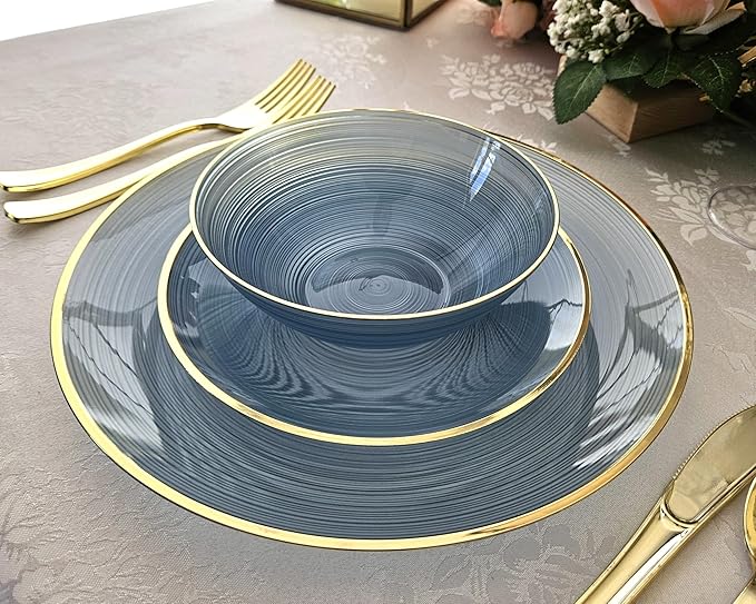" OCCASIONS " 240 Plates Pack,(120 Guests) Premium Wedding Party Disposable Plastic Plates Set -120 x 10'' Dinner + 120 x 7'' Salad/Dessert (Belize in Blue & Gold)