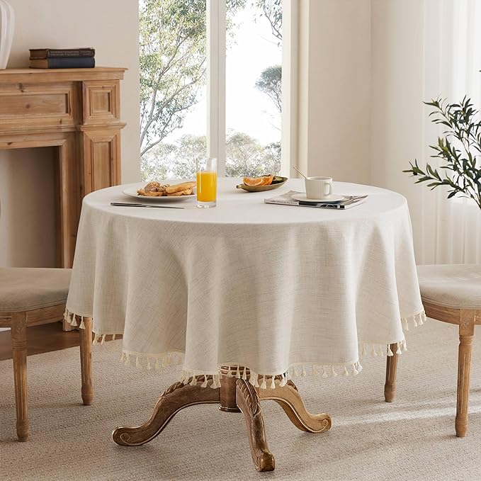 Linen Tablecloth with Tassels, Farmhouse Style Light Beige Tablecloth, Water Resistant Burlap Tablecloths for Round Table, 60 Inch Round Light Tan