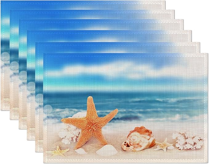 Ocean Starfish Placemats Set of 6,Nautical Seashell Coastal Linen Washable Kitchen Dining Table Mats Heat Resistant Place Mats for Home Party Indoor Holiday 12x18 Inch
