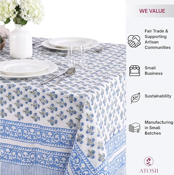ATOSII Gulbahar Blue 100% Cotton Fall Rectangle Tablecloth, Handblock Print Floral Table Cloth for Kitchen Dining Linen I Thanksgiving Christmas Weddings Outdoors I 72 X 120 Inches I 10 Seater