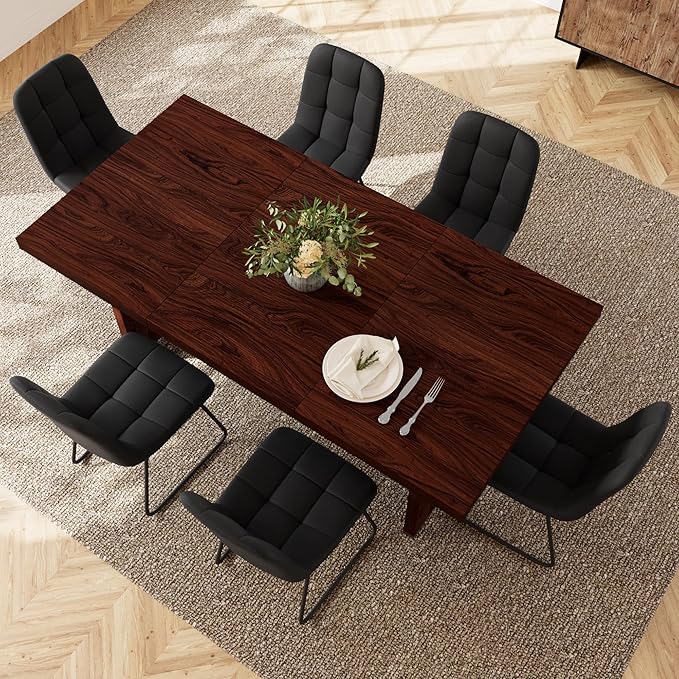 7-Piece Dining Table Set for 6 People, 70.8" MDF Kitchen Table with 6 Upholstered Chairs, Space-Saving for Dining Room, Breakfast Nook(Walnut Table+6 U-Shaped Black Chairs)