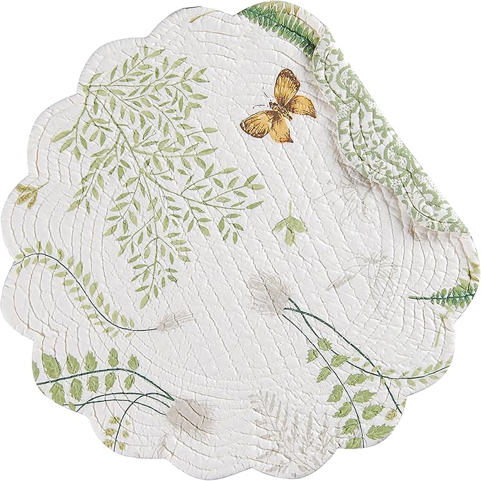 C&F Home 17" Althea Round Scalloped Edge Cotton Quilted Placemats, Set of 6 Spring Springtime Butterfly Dragonfly Plants Fern Greenery Nature Tabletop Décor Decoration S/6 Round Placemat Set of 6