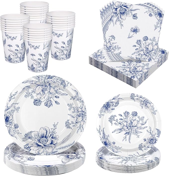 Kochorie 96 Piece Blue and White Floral Disposable Party Supplies Elegant Floral Paper Plates, Cups, and Napkins 9 Inch and 7 Inch Plates Serves 24 Guests for Birthday or Baby Shower
