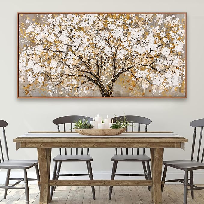 Large Wall Art Print Gold Abstract Tree Of Life Framed Modern Artwork Canvas Painting Gold Tree Pictures Home Decor Ready To Hang For Bedroom Living Room 29" X 58"