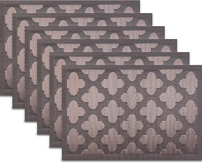 Elegant Placemats Vinyl Woven Heat-Resistant Placemats Set of 6 Washable Easy to Clean Table Mats for Dining Room and Decorate (Brown)