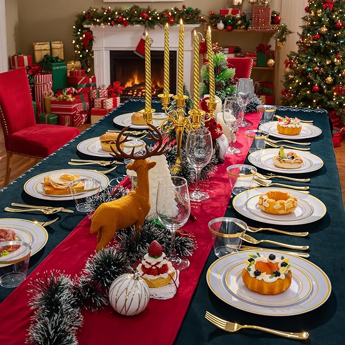 WELLIFE 600 PCS Gold & White Disposable Dinnerware Set for 100 Guests — White Plastic Plates with Gold Rim, Dinner & Salad Plates, Cups, Forks, Knives & Spoons for Weddings & Elegant Events