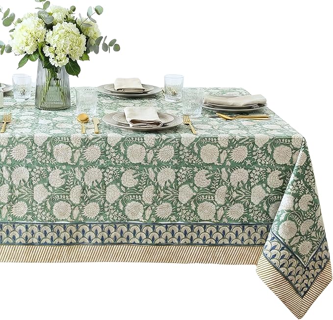 ATOSII Jade 100% Cotton Rectangle Boho Fall Tablecloth, Handblock Floral Table Cloth Linen for Kitchen Dining I Parties Wedding Outdoors Thanksgiving Easter Picnics I 72 X 108 Inches I 8 Seater