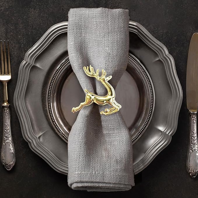 Decozen Set of 4 Gold Napkin Rings in Stag Design Festive Table Decor Setting for Holiday Wedding, Birthday, Kitchen, Home Decor Housewarming Gift - Thanksgiving & Christmas Gift Decoration