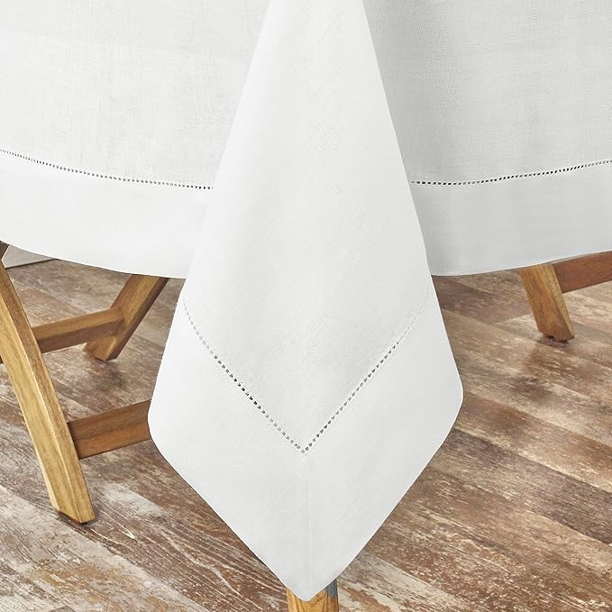 D'Moksha Homes White Linen Tablecloth for Rectangle Tables 60 x 102 Inch - Classic Hemstitch 100% Pure Linen White Table Cloth - Machine Washable Dining Tablecloth for Valentines, Spring, Easter