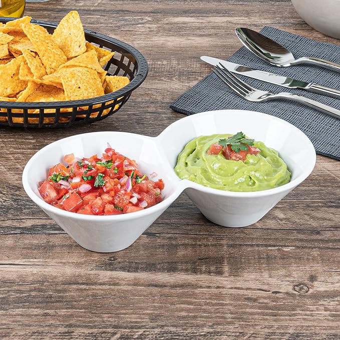 Restaurantware-9.1 x 4.9 x 2.3 Inch Double Dip Bowls, 1 Microwavable Condiment Server - 2 Compartments, Microwavable, White Porcelain Dip Tray, Dishwashable, For Snacks, Condiments, Or Toppings