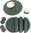 Set of 8 Faux Leather Round Placemats and Coasters, Disko Table Mats and Drink Spills Coasters, Easy to Clean, Double Stitched for Kitchen Dining Table, Diameter 13'' and 3.9''