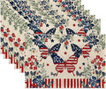 Independence Day Cloth Placemats,American Butterfly Flowers Heat-Resistant Table Placemats Set of 6, Washable Linen Place Mats for Dining Room Table Decor Home Restaurant Cafes Party 11.8x17.7 Inch