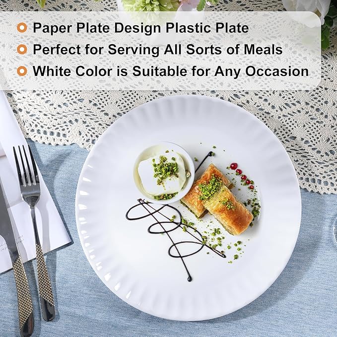 White Melamine Dinner Plates Set of 12, 10.5 Inch Lace Salad Serving Plates, Lightweight Plastic Round Plates, Elegant Appetizer Dessert Dishes for Wedding, Party, Restaurant, Kitchen