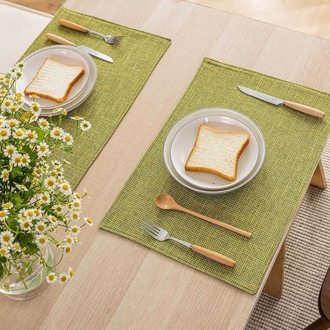 Kevin Textile Burlap Linen Placemats Set of 6 Heat Resistant Dining Table Place Mats Washable Kitchen Table Mats for Dinning Party Holiday Indoor Outdoor, 13 x19 inches, Linden Green