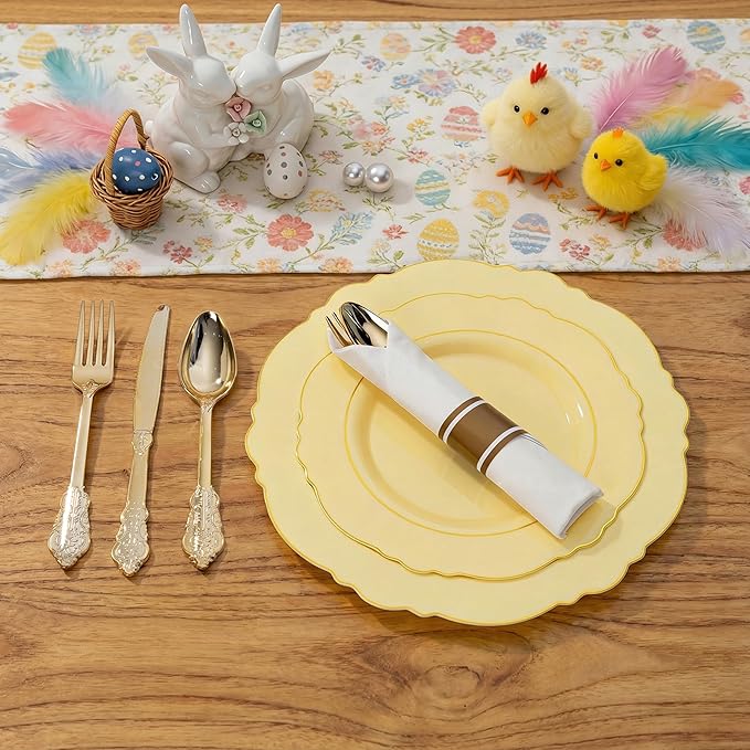 Liacere 350PCS Yellow Plates - Yellow Disposable Plastic Plates With Gold Rim-50Guest Plastic Dinnerware include 100 Plates,50 Pack Pre Rolled Napkins with Silverware 50Cups for Wedding＆Easter Day