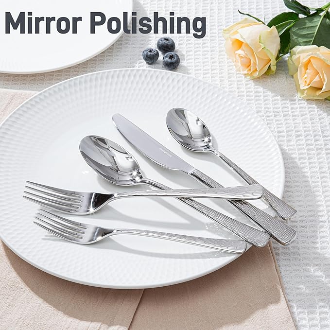 KINGSTONE Hammered Silverware Set, 60-Piece Flatware Set, 18/10 Stainless Steel Premium Cutlery with Unique Ripple Handles Design Mirror Polished - Dishwasher Safe