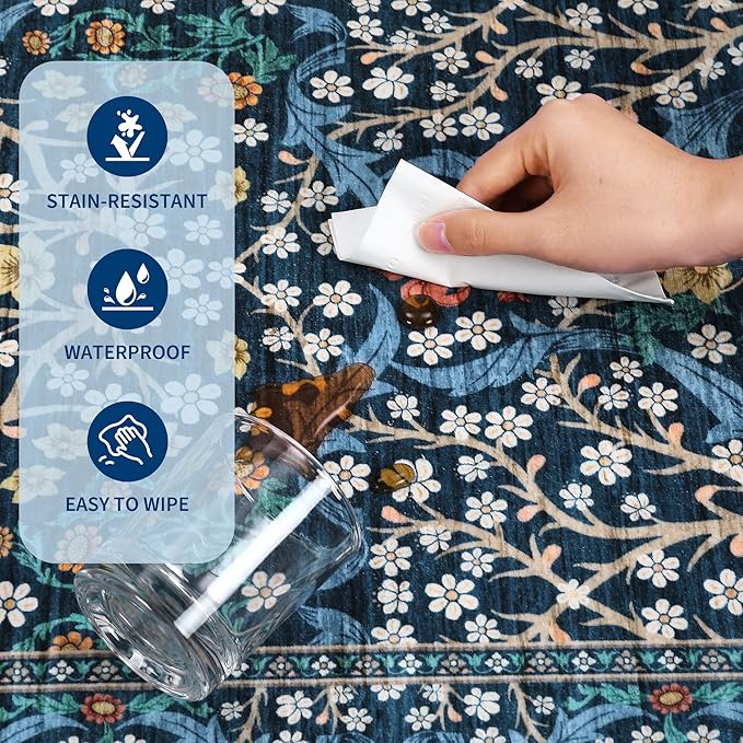 GarveeHome 6x9 Washable Area Rug for Living Room, Floral Dining Room Rugs for Under Table, Low Pile Non-Slip Stain Resistance Floor Carpet for Bedroom, Dark Blue
