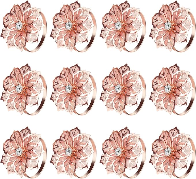 KPOSIYA Flower Napkin Rings Holder Metal Rose Gold Napkin Rings Set of 6 for Wedding Party Holiday Banquet Christmas Dinner Delicate Serviette Buckles Decor Favor (6, Rose Gold)