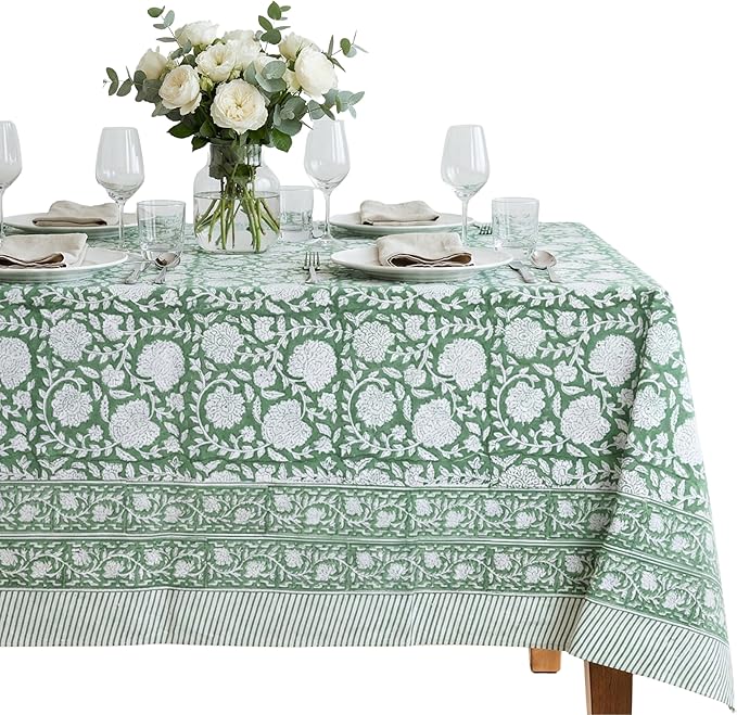 ATOSII Shalimar Green 100% Cotton Spring Summer Tablecloth, Handblock Print Rectangle Table Cover for Dining, Parties, Wedding, Outdoors, Easter Table Cloth I 72 X 140 Inches I 12 Seater
