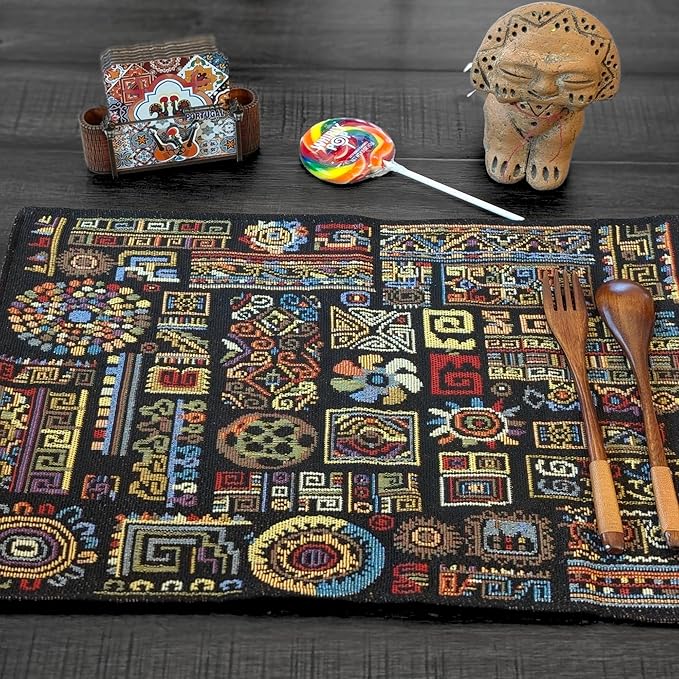 DaDa Bedding Bohemian Ethnic Ornaments Tapestry Placemats - Set of 4-Pieces Greek Ethnic Calligraphy Geometric Colorful Dark Black Design - Decorative Cotton Woven Kitchen Dining Mats - 13” x 19”