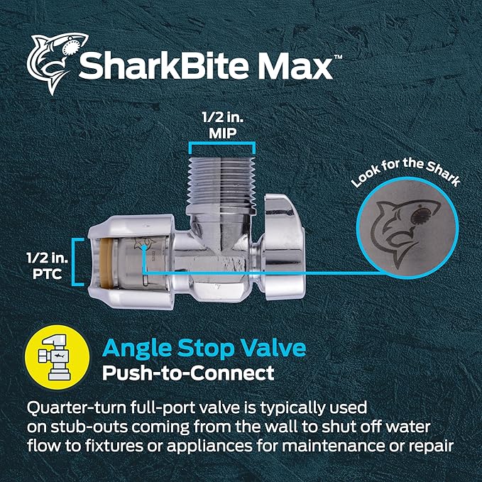 SharkBite Max 1/2 x 1/2 Inch MIP Angle Stop Valve, Quarter Turn, Push to Connect Brass Plumbing Fitting, Brushed Nickel Finish, PEX Pipe, Copper, CPVC, PE-RT, HDPE, UR24946
