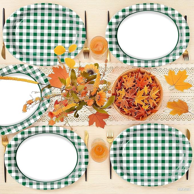 50Pcs Spring Gingham Oval Paper Plates 10" x 12" Large Disposable Heavy Duty Green White Buffalo Checked Plaid Dessert Platters Plates for Spring Birthday Picnic BBQ Party Supplies