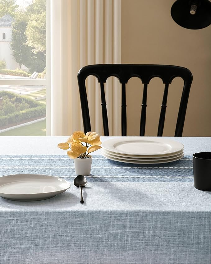 ZeeMart Contrast Linen Table Cloth Rectangle Table Cloths 60x120 Inch Blue, Farmhouse Style Heavy Weight Blue Tablecloth, Water Resistant Burlap Tablecloths