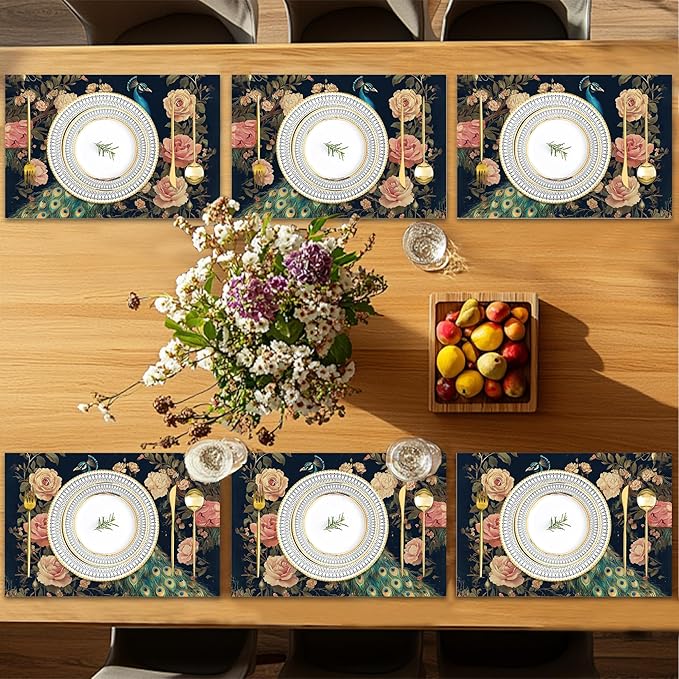 Peacock Placemats Set of 6,Floral Waterproof Non-Slip Washable Table Mats for Kitchen Dining Holiday Party Wedding Decor 12x18 Inch