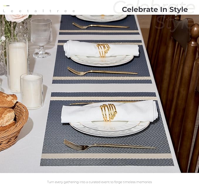 Leetaltree Luxury Dark Blue Placemats with Gold Stripes Placemats Set of 8 - Waterproof Washable for Wedding, Anniversary, Daily Use - Sparkling Table Decor - Hand-Cut