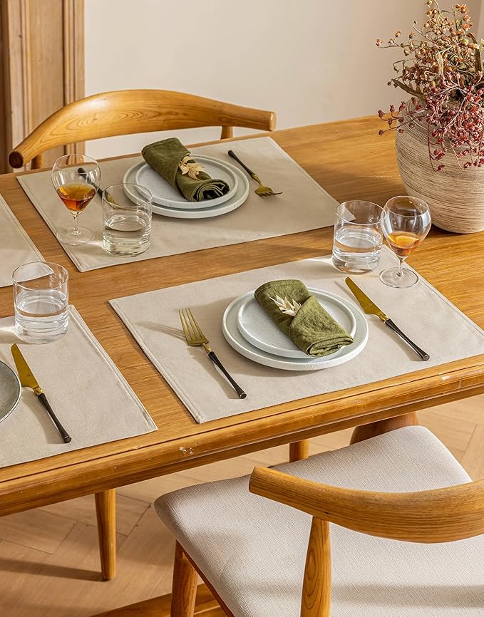 Linen Cloth Table Placemats Set of 4 Beige Dining Table Mats for Indoor Neutral Boho Kitchen Plate Place Mats Washable Water Repellent 12x18 Inch