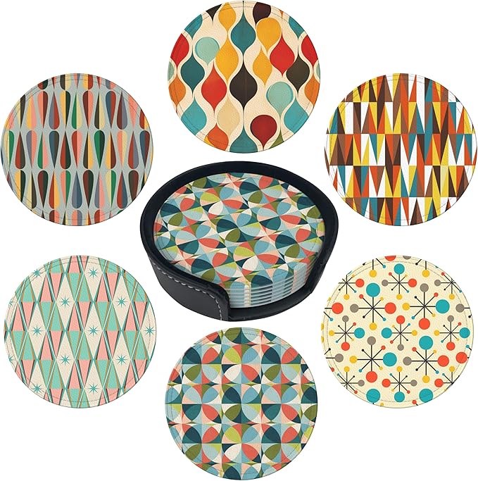Middle Ages Coasters Leather Round Drink Coasters 6 Pcs Set with Holderor for Cup Drink Coffee Table Bar Home Decor