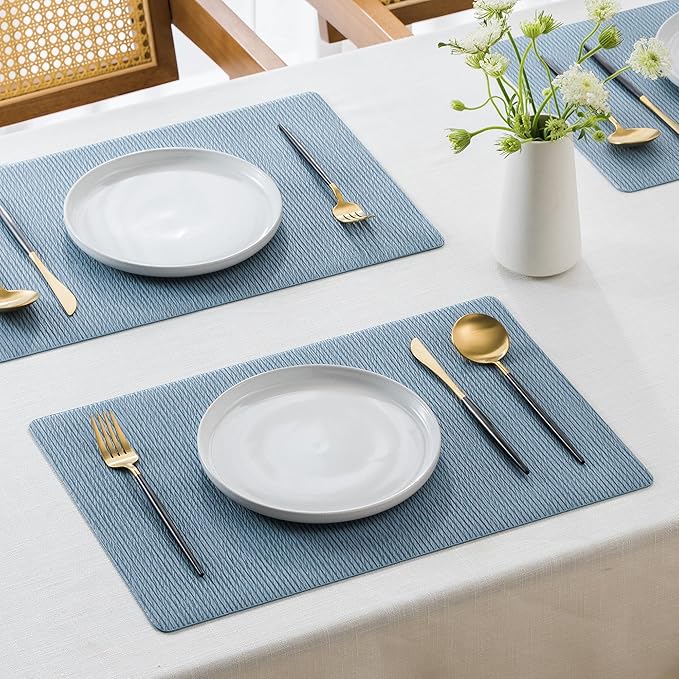 Jovono Faux Leather Placemats Set of 6, Waterproof Washable Table Mats, Easy-Clean Heat Resistant Kitchen Vinyl Place Mat for Dining Table, Restaurant, Indoor, 17.8"x11.8", Light Blue