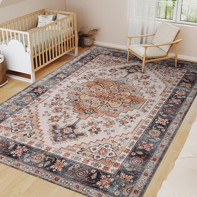 HOMCOM Washable Area Rug, 8'x10' Vintage Indoor Distressed Carpet, Retro Floor Cover Foldable, Floral Print Mat for Living Room, Bedroom, Dining Room, Tawny Brown