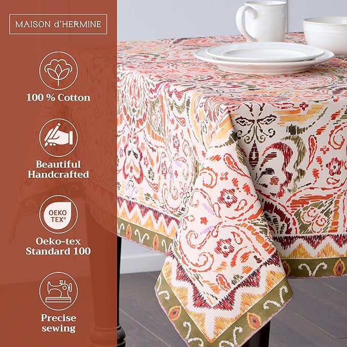 Maison d' Hermine Table Cloth Rectangle Table 100% Cotton 70 x 108 Inches Fall Tablecloth Reusable Everyday Use for Thanksgiving Christmas Decorations Dining Farmhouse Party (Damask)