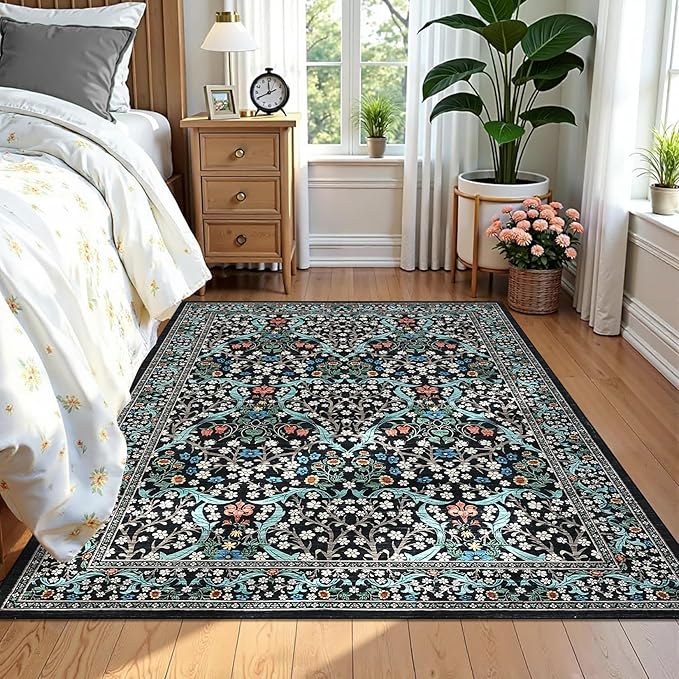 GarveeHome 4x6 Washable Area Rug for Living Room, Floral Large Entryway Kitchen Rug Non Slip, Ultra Soft Stain Resistance Carpet for Bedroom Laundry Room, Black