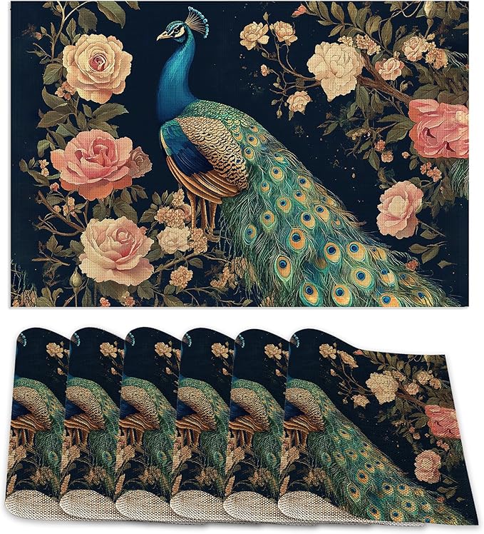 Peacock Placemats Set of 6,Floral Waterproof Non-Slip Washable Table Mats for Kitchen Dining Holiday Party Wedding Decor 12x18 Inch
