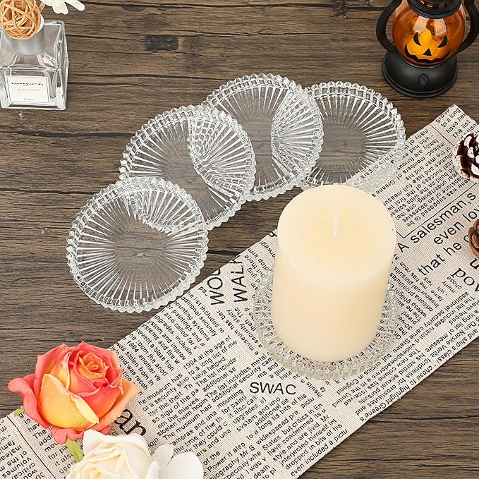 JUXYES 5 Pack Glass Coasters Round Cup Mat, Clear Glass Coaster for Drinks Coffee Tea Wine, Decorative Wine Bottle Coasters, Crystal Drink Coasters for Restaurant bar Kitchen Dining Table