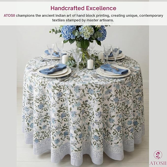 ATOSII Mahoka Blue 100% Cotton Round Tablecloth, Block Print Floral Table Cloth for Dining, Parties, Weddings, Outdoors, Holidays I 60" Inches I Grandmillennial Farmhouse Boho Spring Summer