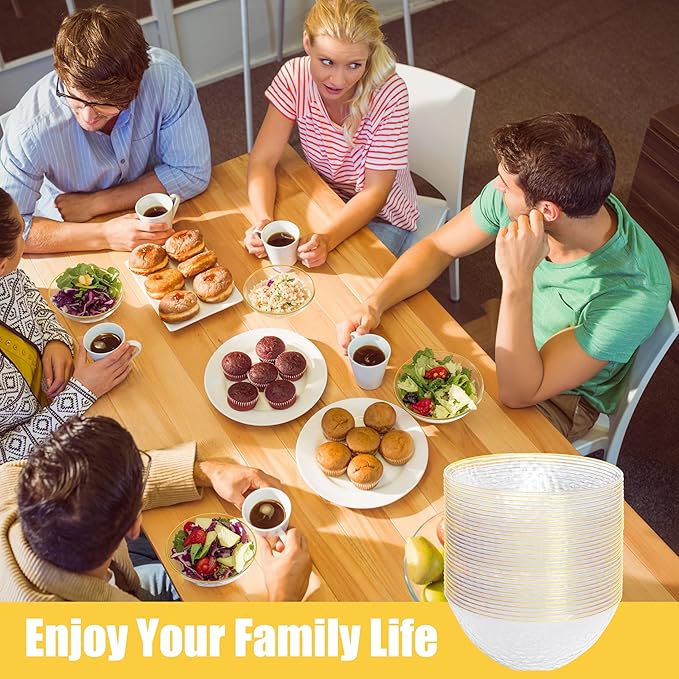 I00000 20 Pack 12 Ounce Clear Plastic Bowls Hammered Gold Rimmed, Heavy Duty Disposable Bowl Set,Elegant Ice Cream Bowls For Birthday, Wedding & Party