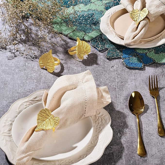 CLEENTABLE Elegant Handcrafted Leaf Napkin Rings - Set of 12 Premium Aluminum Holders for Dinner Parties, Weddings, Special Occasions & Everyday Dining (Gold)