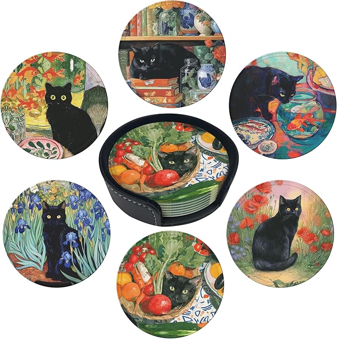 Cat Coasters Leather Round Drink Coasters 6 Pcs Set with Holderor for Cup Drink Coffee Table Bar Home Decor