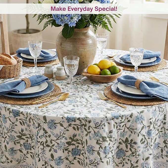 ATOSII Mahoka Blue 100% Cotton Round Tablecloth, Block Print Floral Table Cloth for Dining, Parties, Weddings, Outdoors, Holidays I 90" Inches, 6 Seater I Grandmillennial Farmhouse Boho Summer