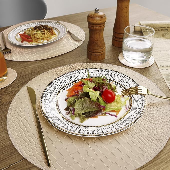 Jovono Round Leather Placemats for Round Tables Set of 4, Beige Place Mats and Coasters, Wipeable Waterproof Heat Resistant Table Mats Easy to Care for Indoor Decor 13 inch Diameter