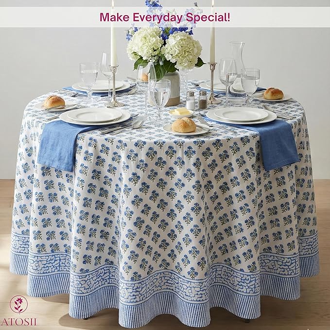 ATOSII Gulbahar Blue 100% Cotton Fall Round Tablecloth, Handblock Print Floral Table Cloth for Kitchen Dining Linen I Thanksgiving, Christmas, Weddings, Outdoors, Parties I 60" Inches I 4 Seater Table